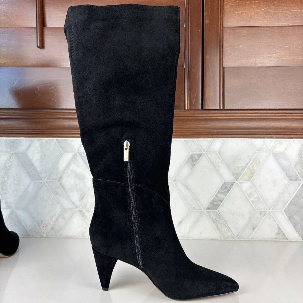 7.5 Tall Knee High Boot Black Leather Suede Cone Heel Pointed Toe Zip Bryle